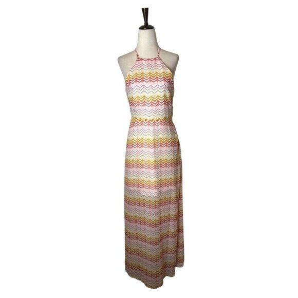 Freebird Dress Women M Pink Chevron Zig Zag Open Criss Cross‎ Back Maxi Boho - Picture 1 of 12